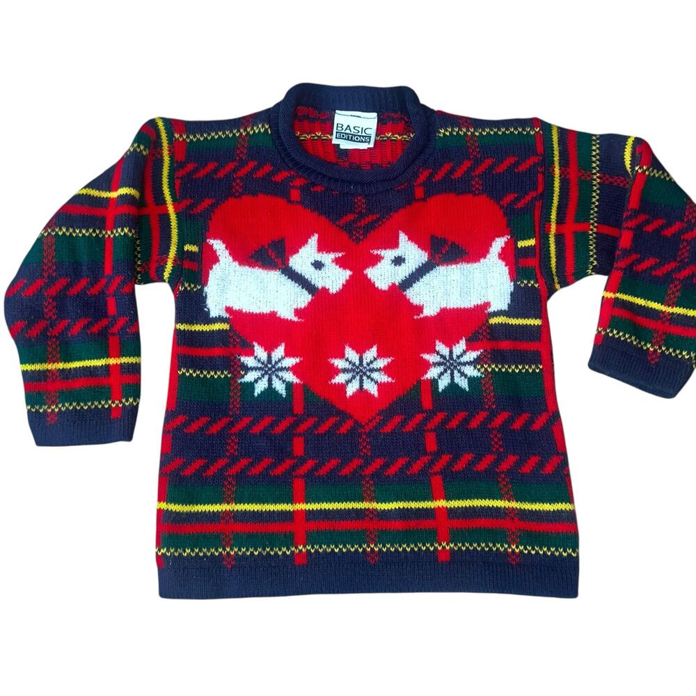 Vintage Basic Editions Kids Christmas Sweater Scotty Dogs Tartan Plaid Size 4-5